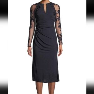 David Meister S6 Sheer Long Sleeve Floral Sequin Design Dress Dark Blue